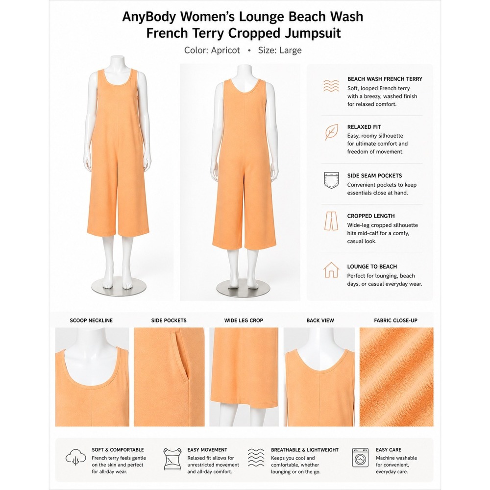 AnyBody Womens Beach Wash French Terry Cropped Jumpsuit Apricot Orange L A644730